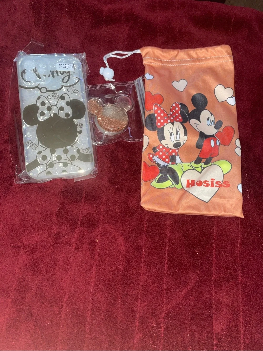 Mickey & Minnie Orange Drawstring Phone Pouch with Clear Minnie Phone Case